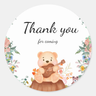 Pegatina Redonda Cute Bear tocar guitarra flor cumpleaños