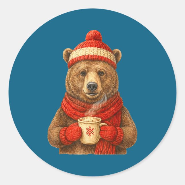 Pegatina Redonda Cute Bear With Santa Hat Coffee Lover Funny Winter (Anverso)