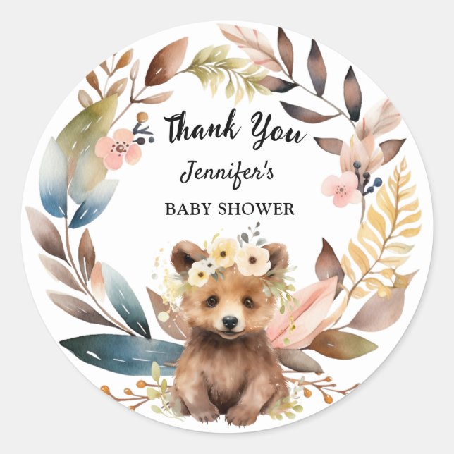 Pegatina Redonda Cute Bear Woodland Baby Shower (Anverso)