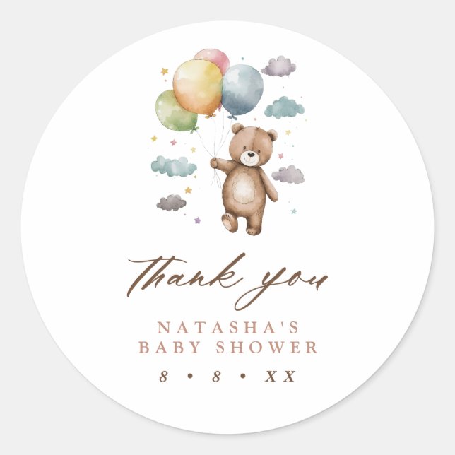 Pegatina Redonda Cute Bear y Globos Baby Shower Gracias (Anverso)