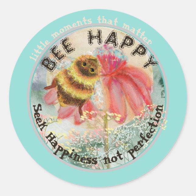 Pegatina Redonda Cute Bee Happy (Anverso)