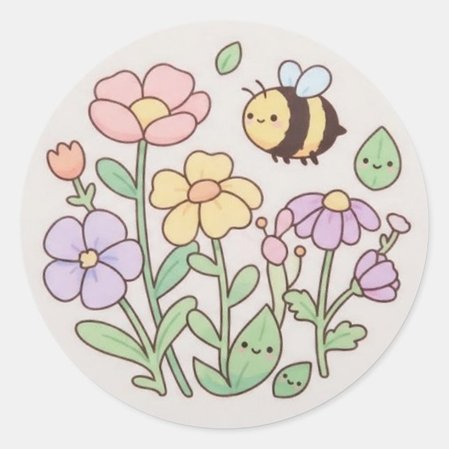 Pegatina Redonda Cute Bee & Smiling Flowers Sticker - Pastel Floral (Anverso)