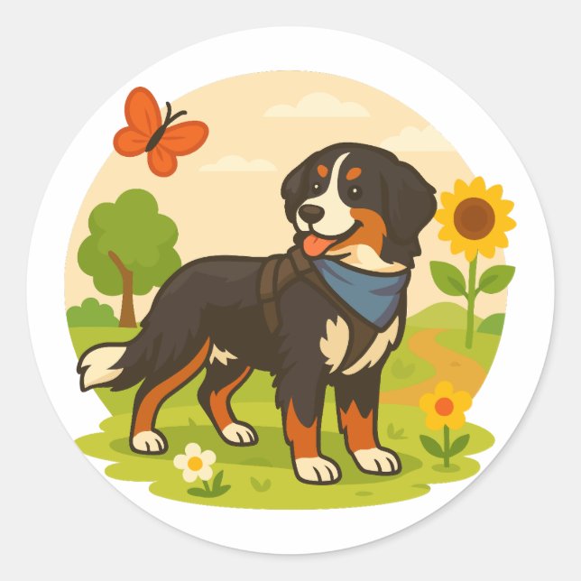 Pegatina Redonda Cute Bernese Mountain Dog with Sunflower & Butterf (Anverso)