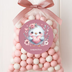 Pegatina Redonda Cute Bird Pink Heart Love Happy Valentines Day