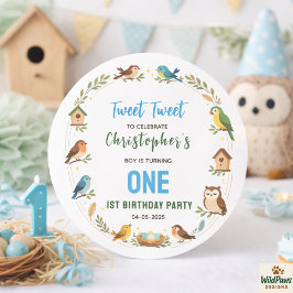 Pegatina Redonda Cute Birds 1st Birthday Party – Fun Kids 