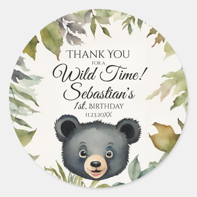 Pegatina Redonda Cute Black Bear Woodland Gracias Cumpleaños (Anverso)