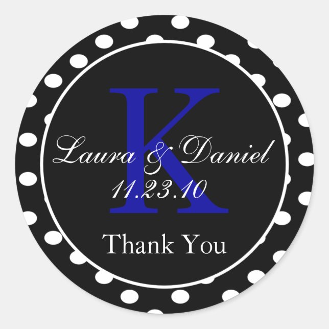 Pegatina Redonda Cute Black Blue Polka Dots Monograma Favor (Anverso)