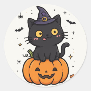 Pegatina Redonda Cute Black Cat Calabaza Bruja Halloween Sticker