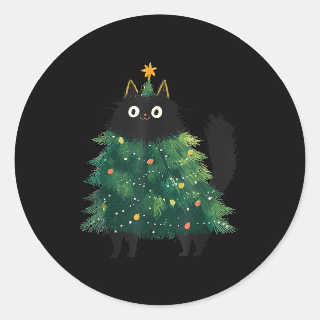 Pegatina Redonda Cute Black Cat Christmas Tree Funny Kitten Lover X (Anverso)