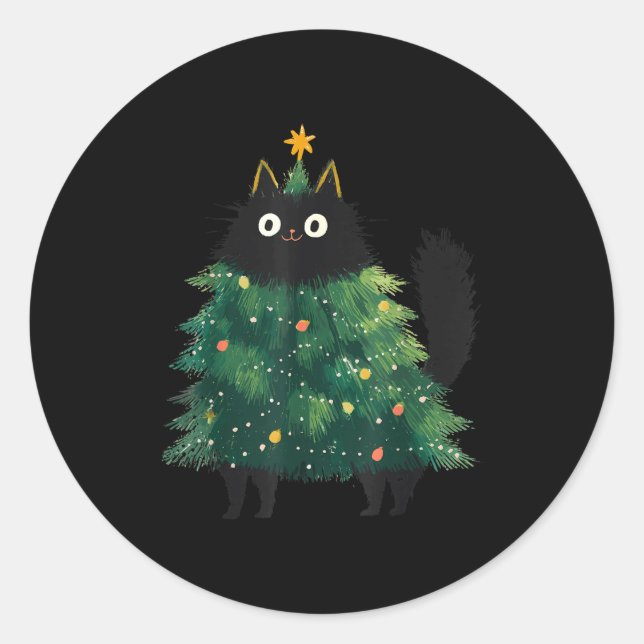 Pegatina Redonda Cute Black Cat Christmas Tree Funny Kitten Lover X (Anverso)