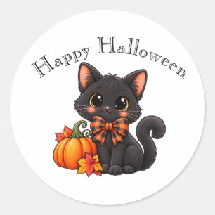Pegatina Redonda Cute Black Cat Feliz Halloween Sticker