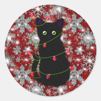 Pegatina Redonda Cute black cat Meowy Christmas sparkling snowflake