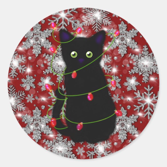 Pegatina Redonda Cute black cat Meowy Christmas sparkling snowflake (Anverso)