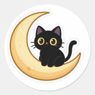 Pegatina Redonda Cute Black Cat on Crescent Moon Sticker