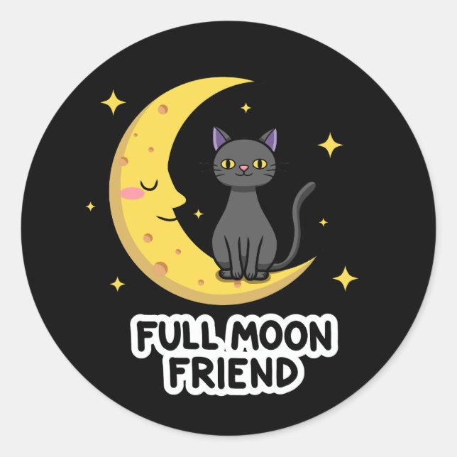 Pegatina Redonda Cute Black Cat on Moon - Full Moon Friend (Anverso)