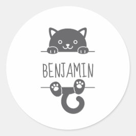 Pegatina Redonda Cute Black Cat Peeking behind Custom Name 2