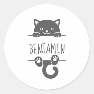 Pegatina Redonda Cute Black Cat Peeking behind Custom Name 2