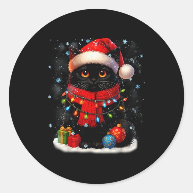 Pegatina Redonda Cute Black Cat Santasnowflake Christmas Xmas Women (Anverso)