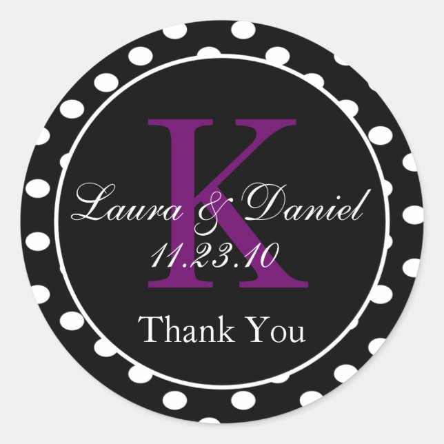 Pegatina Redonda Cute Black Purple Polka Dots Monograma Favor (Anverso)