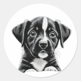 Pegatina Redonda Cute Black & White Puppy – Adorable Dog Sticker