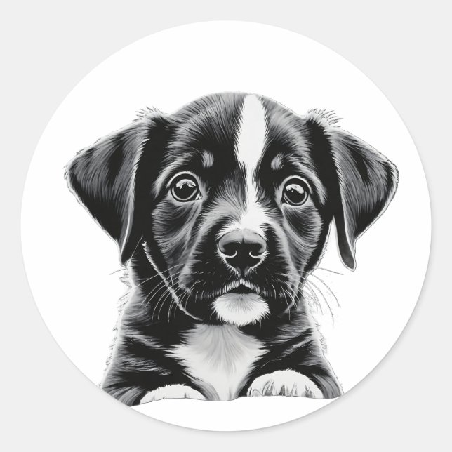 Pegatina Redonda Cute Black & White Puppy – Adorable Dog Sticker (Anverso)