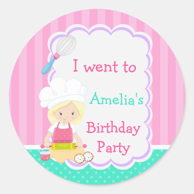 Pegatina Redonda Cute Blonde Chica Baking Birday Party (Anverso)