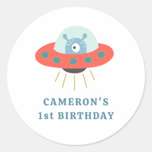 Pegatina Redonda Cute Blue Alien Spaceship, primer Fiesta de cumple