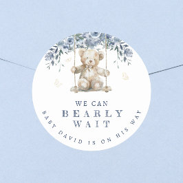 Pegatina Redonda Cute Blue Bearly Wait Teddy Baby Shower