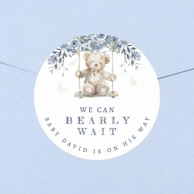 Pegatina Redonda Cute Blue Bearly Wait Teddy Baby Shower (Subido por el creador)