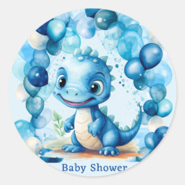 Pegatina Redonda Cute Blue Dinosaur Balloons Boy Baby Shower