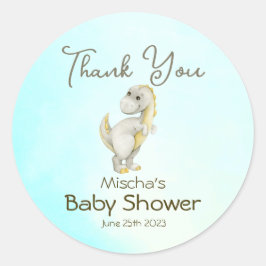 Pegatina Redonda Cute Blue Dinosaur Boys Baby Shower Gracias