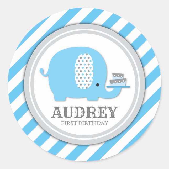 Pegatina Redonda Cute Blue Elephant Boy First Birday Baby Shower (Anverso)