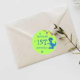 Pegatina Redonda Cute Blue Green Dinosaur fiesta de cumpleaños temá