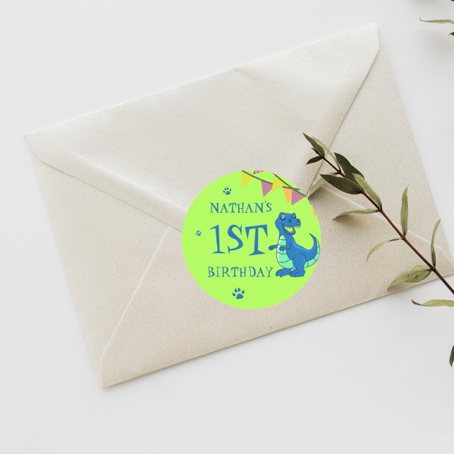 Pegatina Redonda Cute Blue Green Dinosaur fiesta de cumpleaños temá (Subido por el creador)