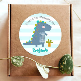 Pegatina Redonda Cute Blue Kawaii Dinosaur Boy Cumpleaños Gracias