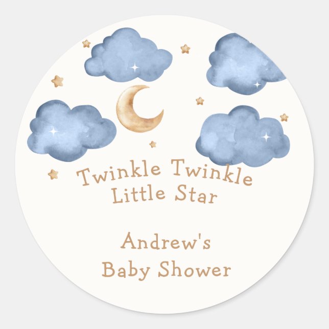 Pegatina Redonda Cute Blue Moon Stars Twinkle Twinkle Baby Shower (Anverso)