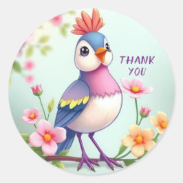 Pegatina Redonda Cute Blue Pink Bird Floral Sticker
