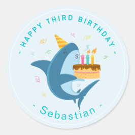 PEGATINA REDONDA CUTE BLUE SHARK FELIZ TERCER CUMPLEAÑOS CHICO