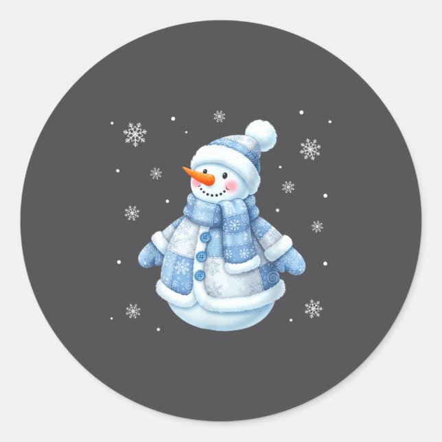 Pegatina Redonda Cute Blue Snowman With Snowflakes Winter Christmas (Anverso)