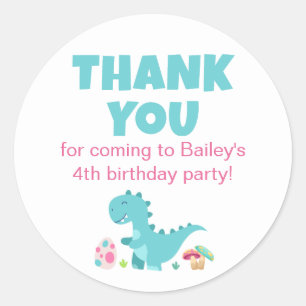 Pegatina Redonda Cute Blue T-Rex Birthday Party Gracias