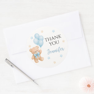 Pegatina Redonda Cute Blue Teddy Bear Balloon Baby Shower Agradecim