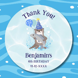 Pegatina Redonda Cute Blue Water Boy Fiesta de Cumpleaños de Otter 