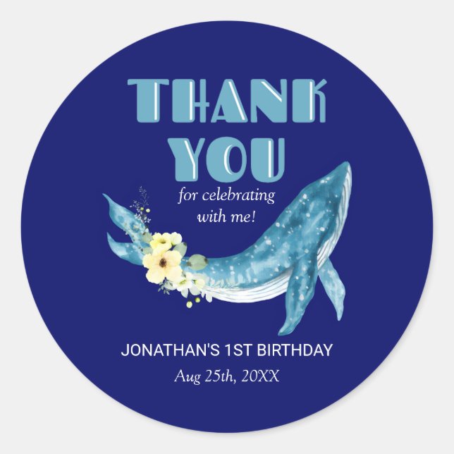 Pegatina Redonda Cute Blue Whale Yellow Floral Naval Gracias (Anverso)