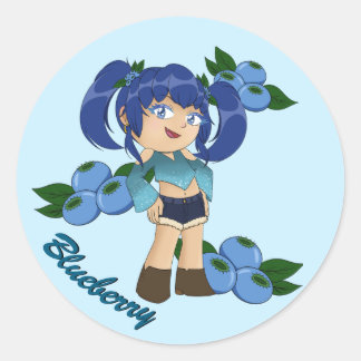 Pegatina Redonda Cute Blueberry Theme Chibi con Blueberries