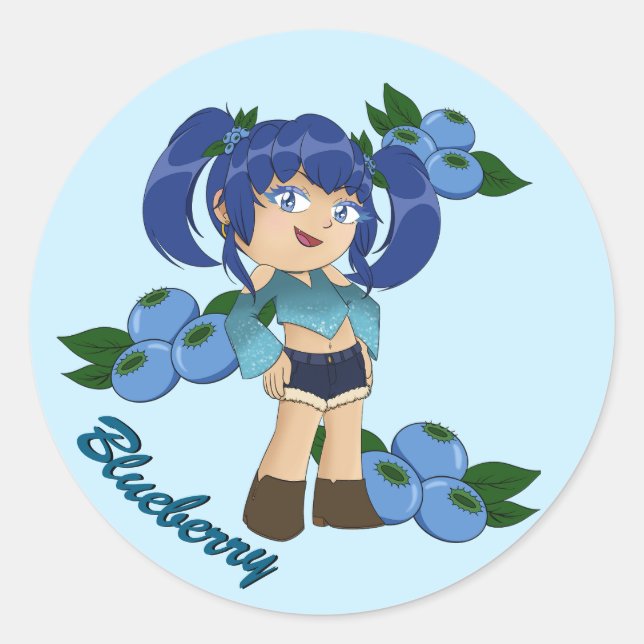 Pegatina Redonda Cute Blueberry Theme Chibi con Blueberries (Anverso)