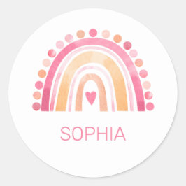 Pegatina Redonda Cute Boho acuarela Arcoiris en rosa personalizado