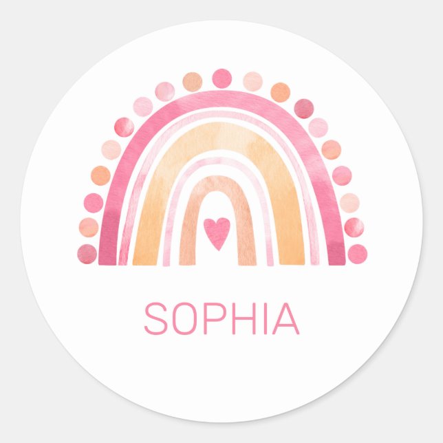 Pegatina Redonda Cute Boho acuarela Arcoiris en rosa personalizado (Anverso)