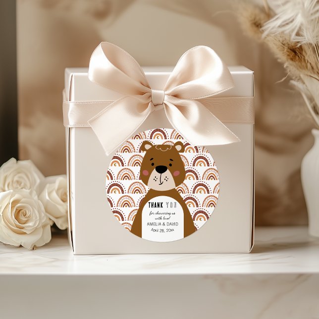 Pegatina Redonda Cute Boho Bear Rainbow Neutral Baby Shower (Subido por el creador)