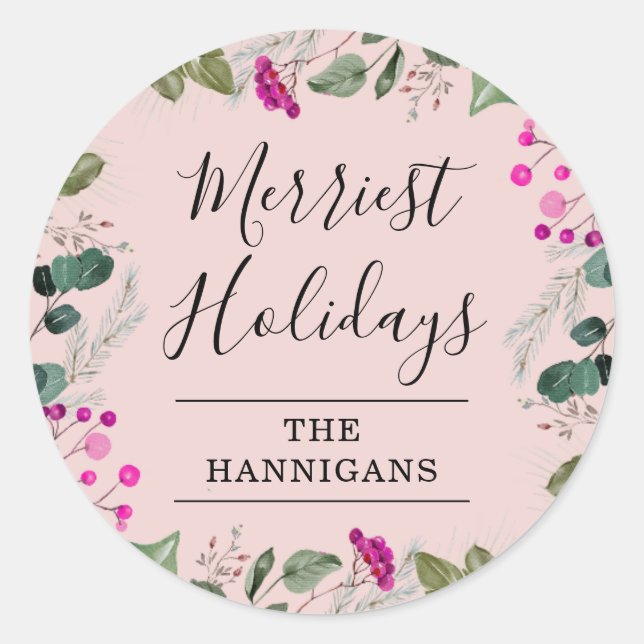 Pegatina Redonda Cute Boho Rubor Pink Holiday Christmas Sticker (Anverso)