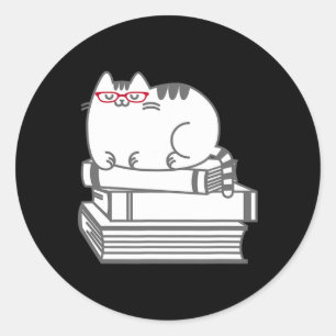 Pegatina Redonda Cute Book Nerd Cat - Camiseta divertida de Nerdy K